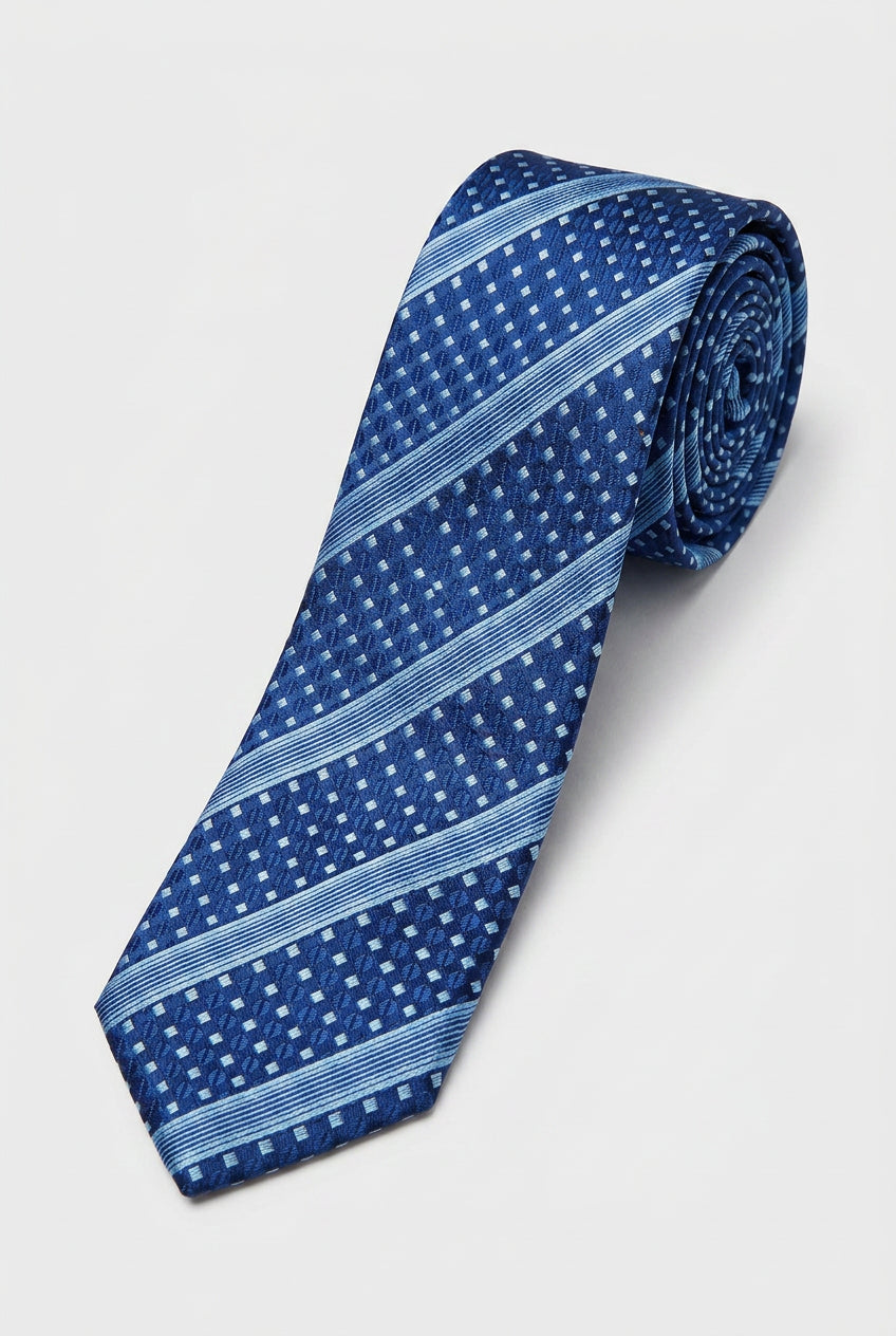 Boys Diagonal Striped Jacquard Slim Tie - Navy & Blue