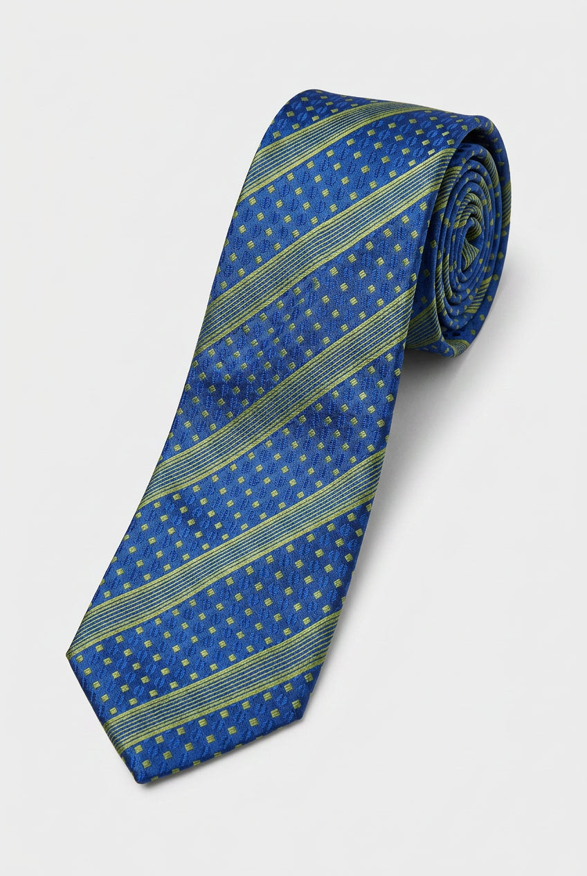 Boys Diagonal Striped Jacquard Slim Tie - Navy & Green