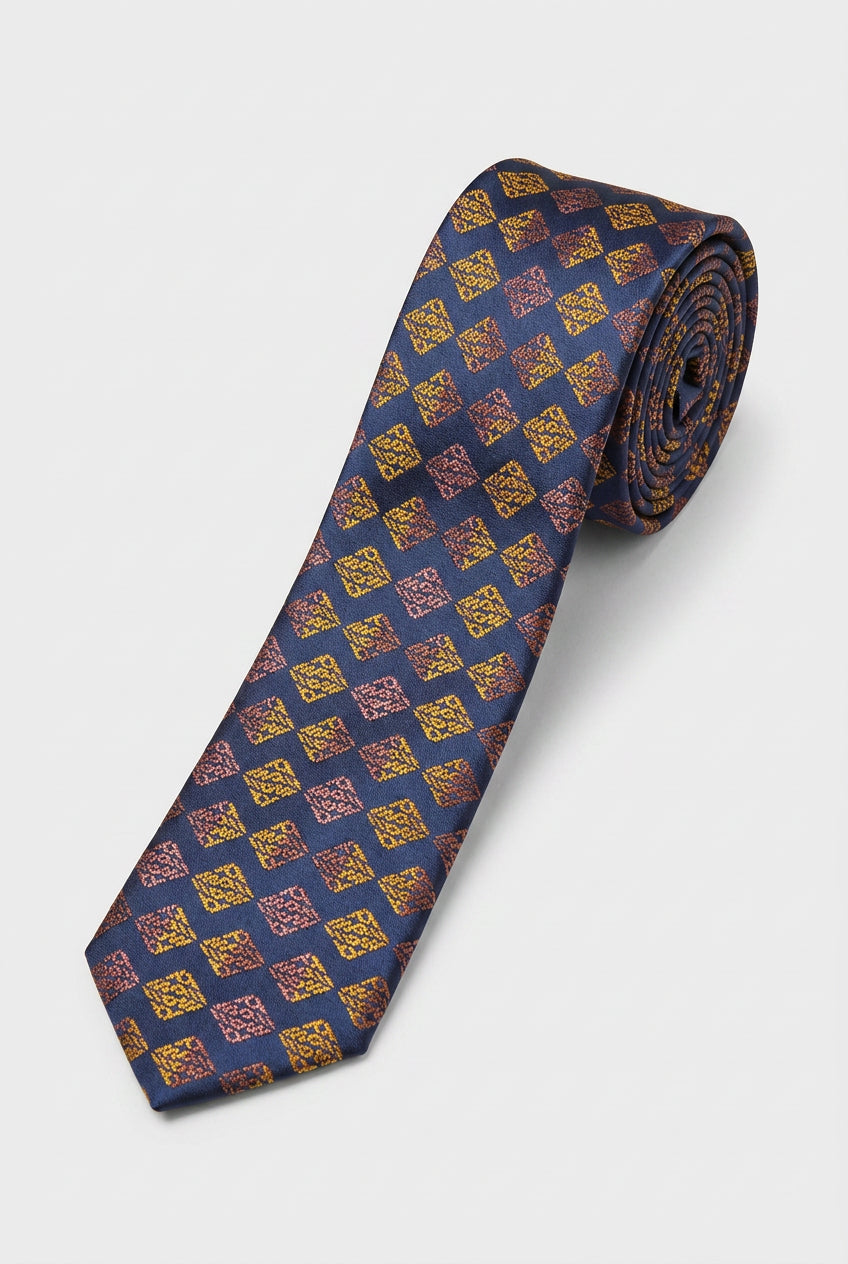 Boys Diamond Jacquard Slim Tie - Navy & Gold