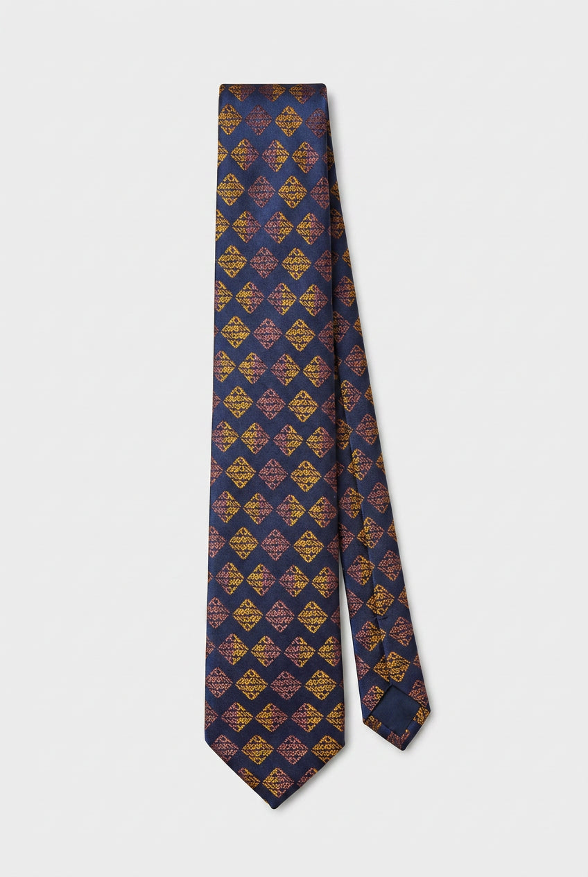 Boys Diamond Jacquard Slim Tie - Navy & Gold