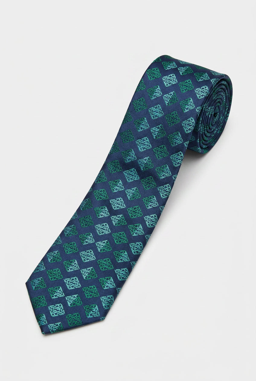 Boys Diamond Jacquard Slim Tie - Navy & Teal
