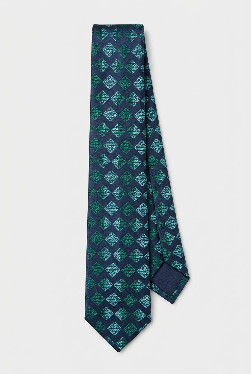 Boys Diamond Jacquard Slim Tie - Navy & Teal