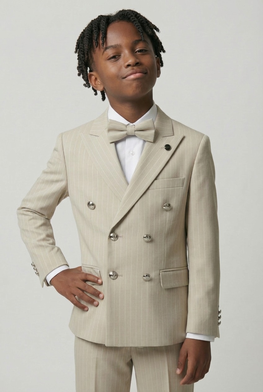Boys Double-Breasted Pinstripe Suit - 3-Piece & 6-Piece Set - Beige