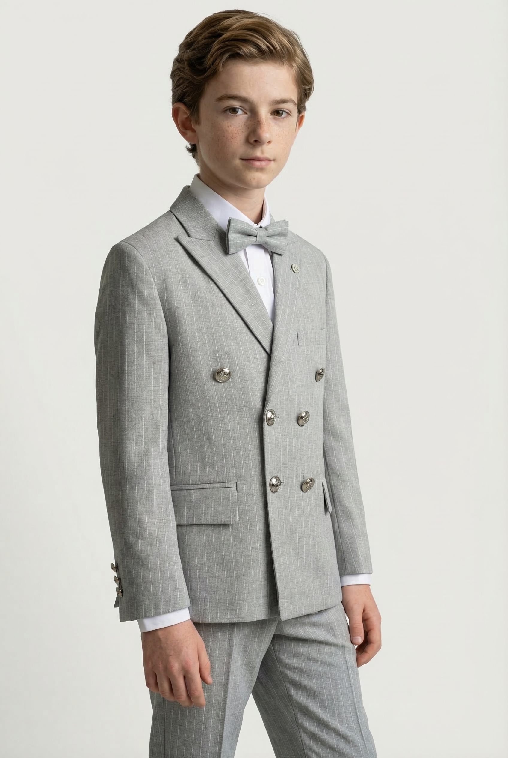 Boys Double-Breasted Pinstripe Suit - 3-Piece & 6-Piece Set - Grey