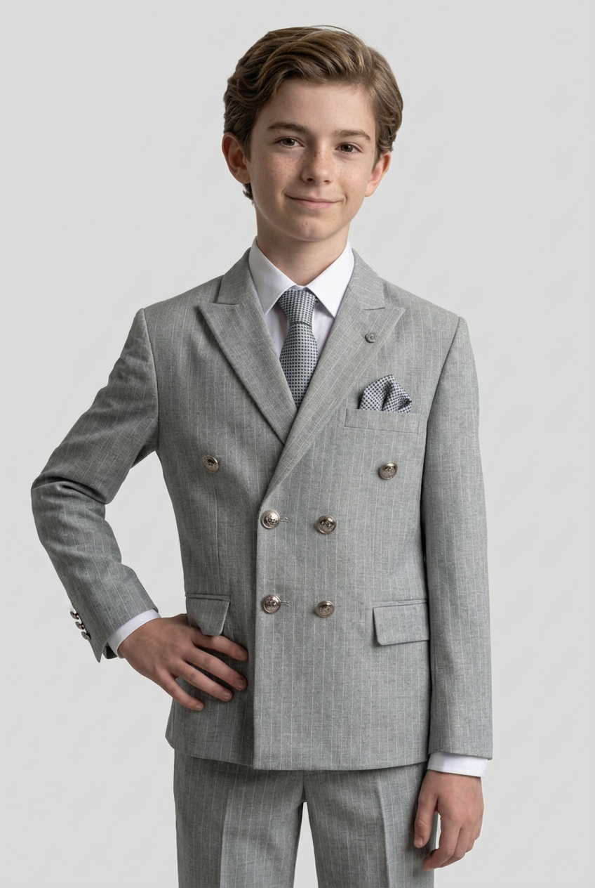 Boys Double-Breasted Pinstripe Suit - 3-Piece & 6-Piece Set - Grey