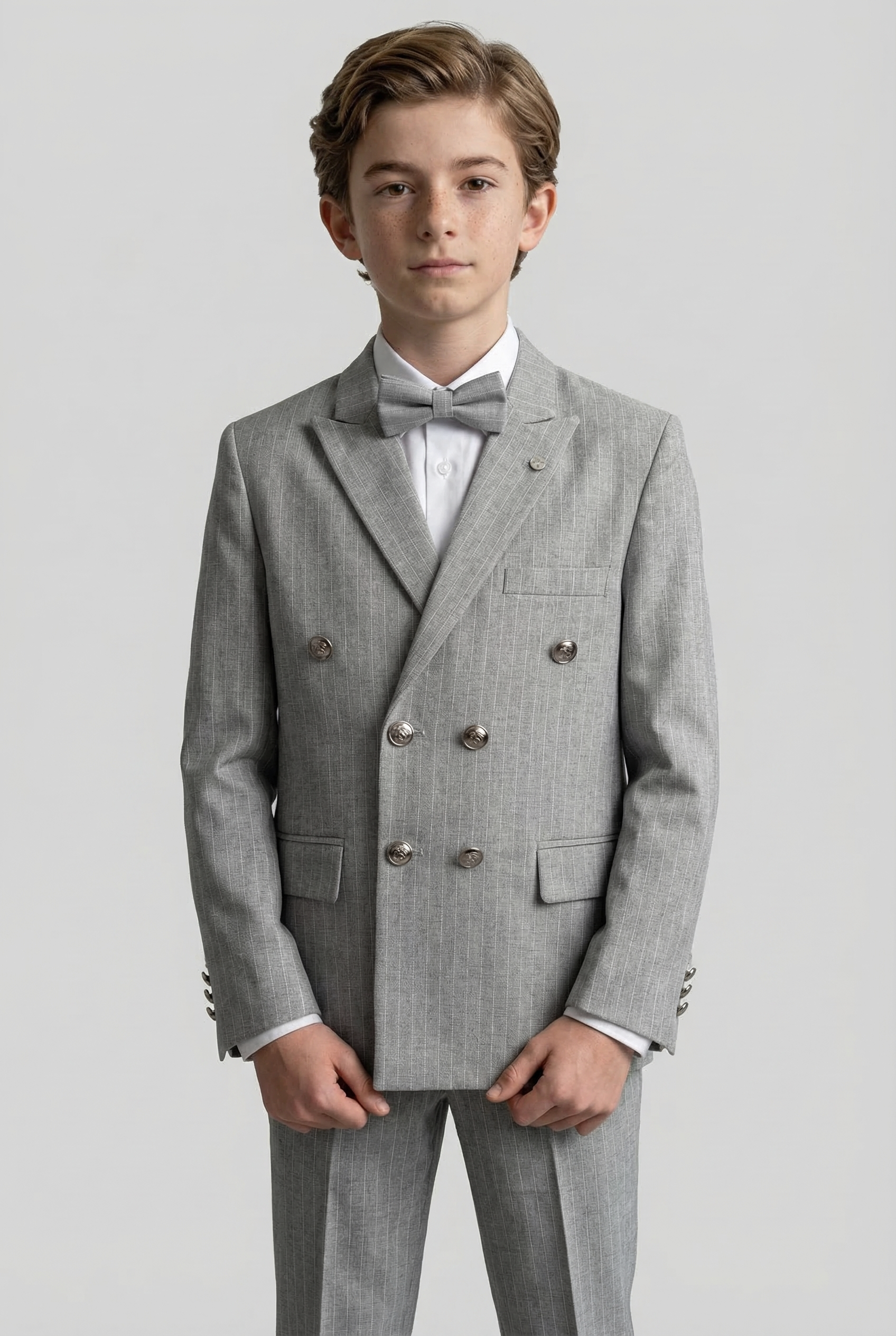 Boys Double-Breasted Pinstripe Suit - 3-Piece & 6-Piece Set - Grey