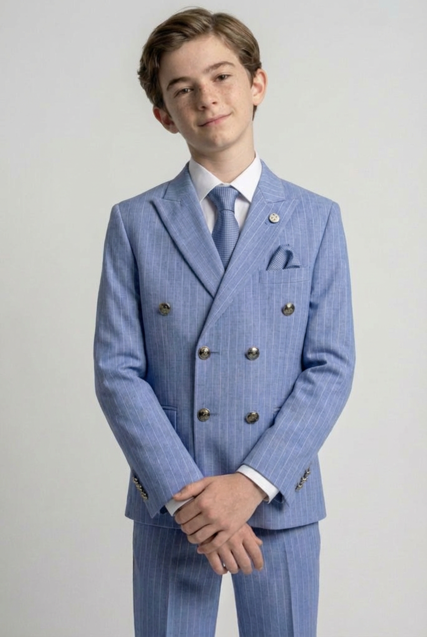 Boys Double-Breasted Pinstripe Suit - 3-Piece & 6-Piece Set - Sky Blue
