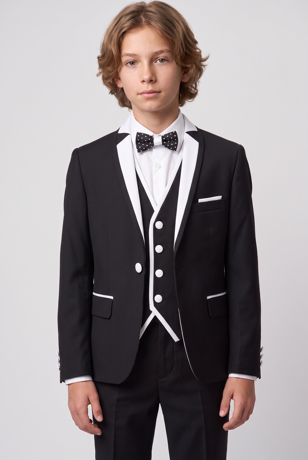 Boys Exclusive Piping Tuxedo Suit - Black - White