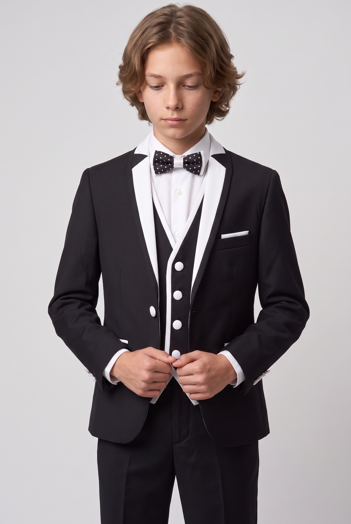 Boys Exclusive Piping Tuxedo Suit - Black - White