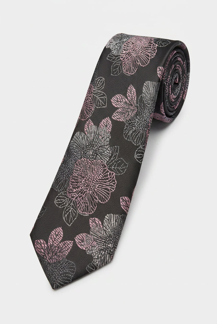 Boys Floral Jacquard Slim Tie - Black