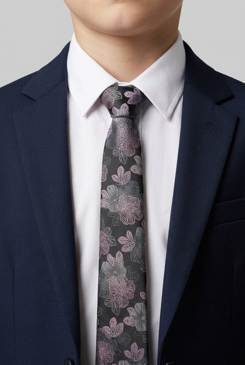 Boys Floral Jacquard Slim Tie - Black