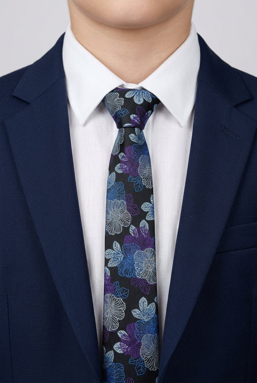 Boys Floral Jacquard Slim Tie - Navy