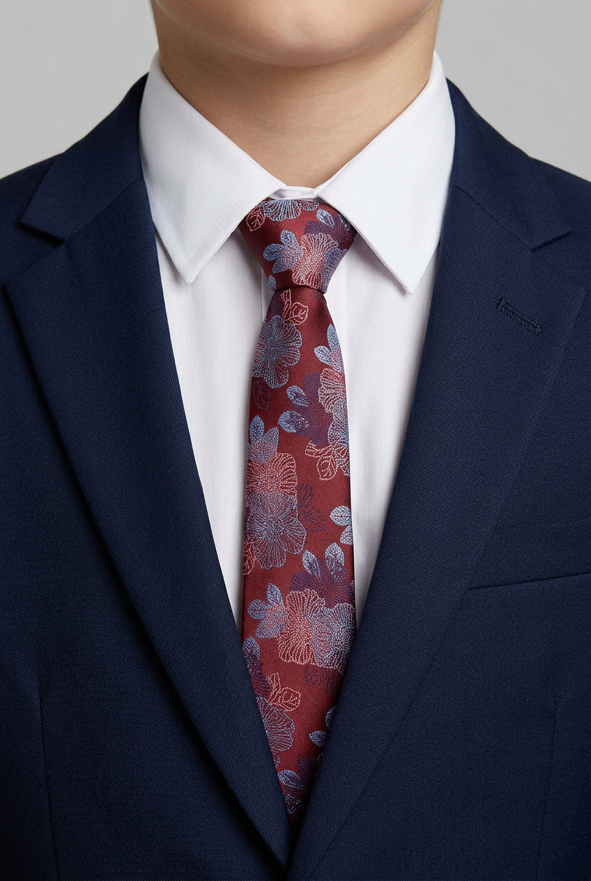 Boys Floral Jacquard Slim Tie - Red