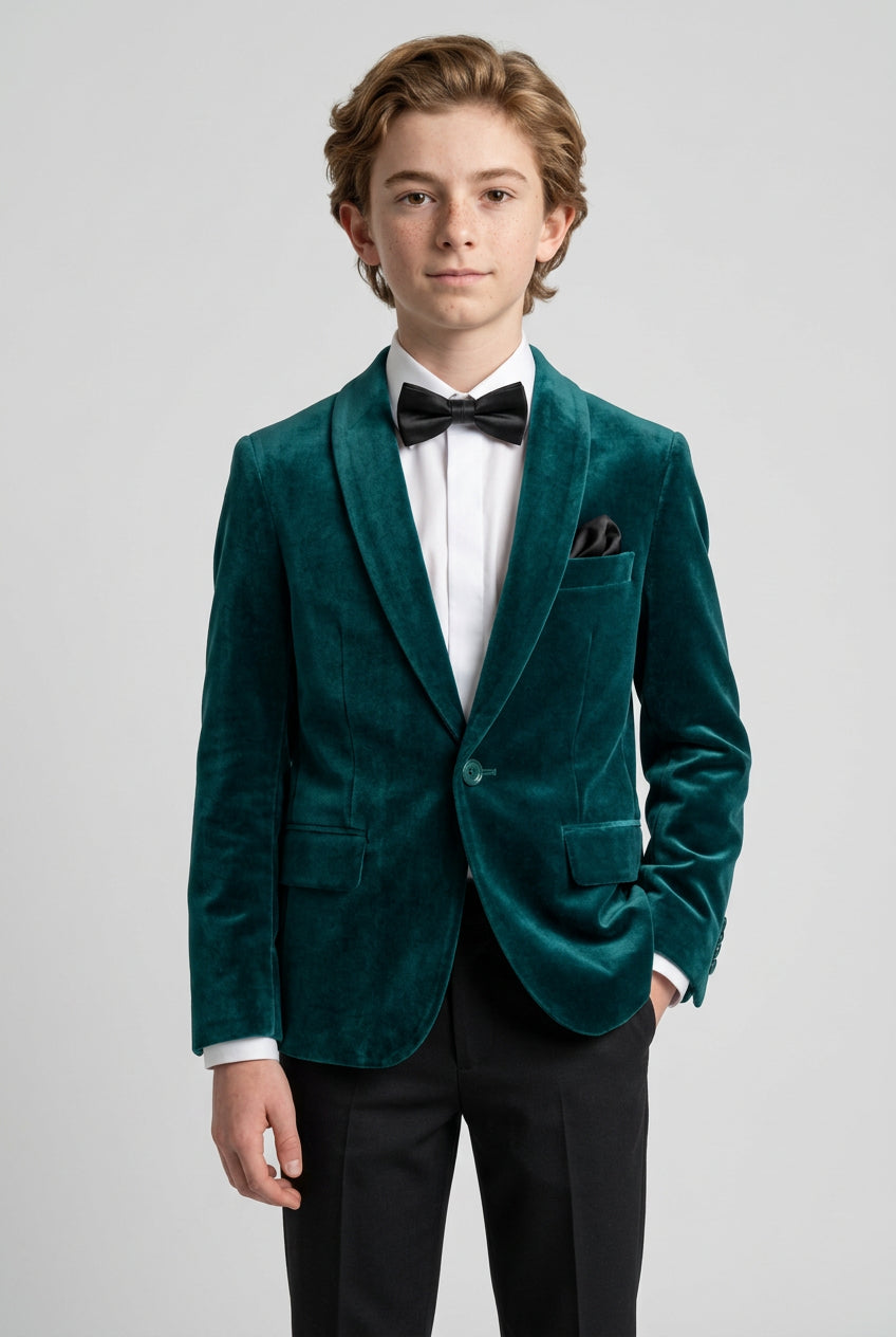 Boys Formal Velvet Blazer Jacket - Green Model Picture