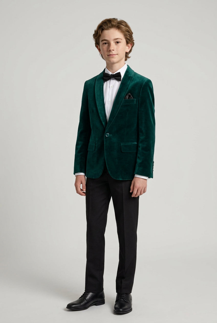 Boys Formal Velvet Blazer Jacket - Green Model Front Picture