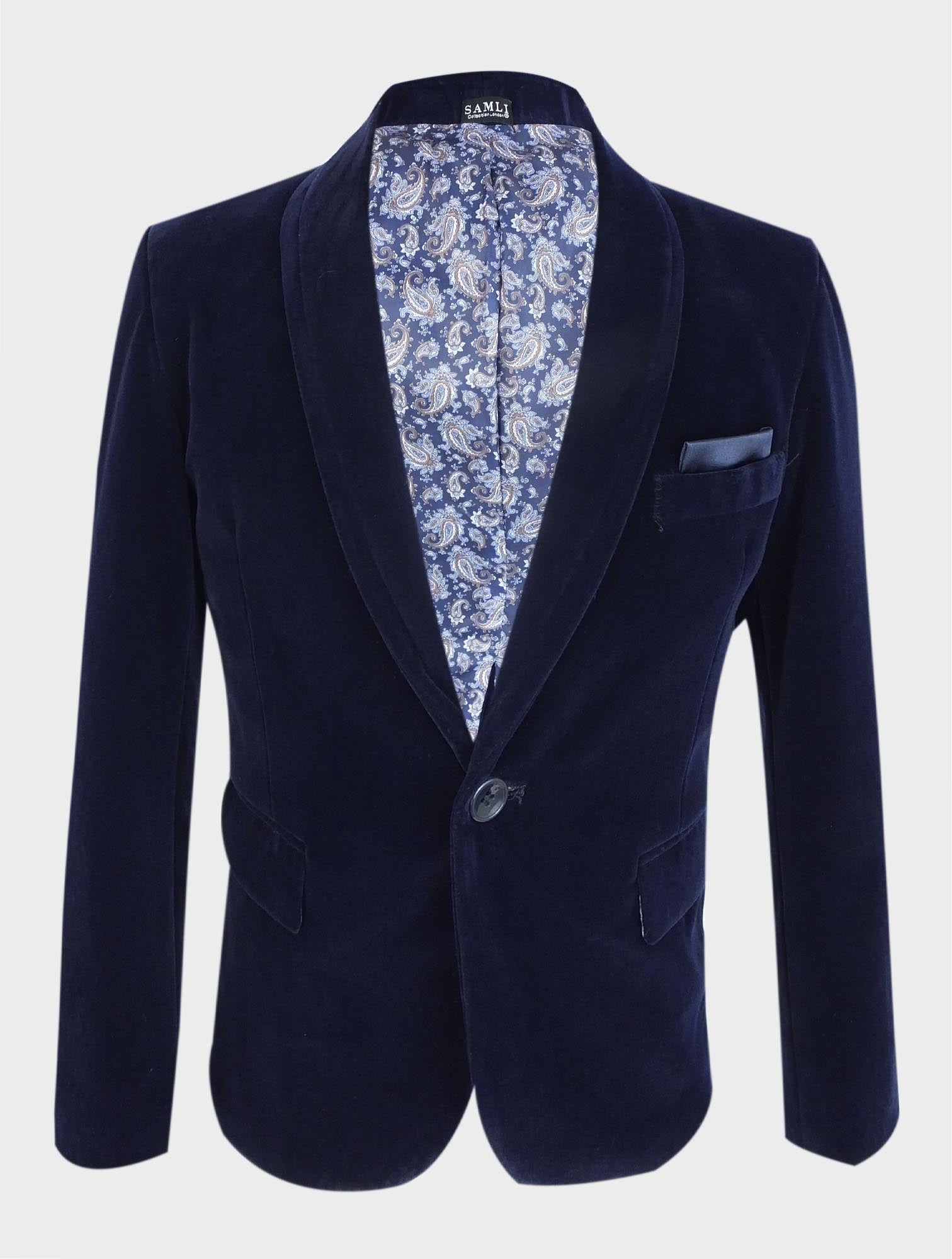 Boys Formal Velvet Blazer Jacket - Navy Blue Linning Picture