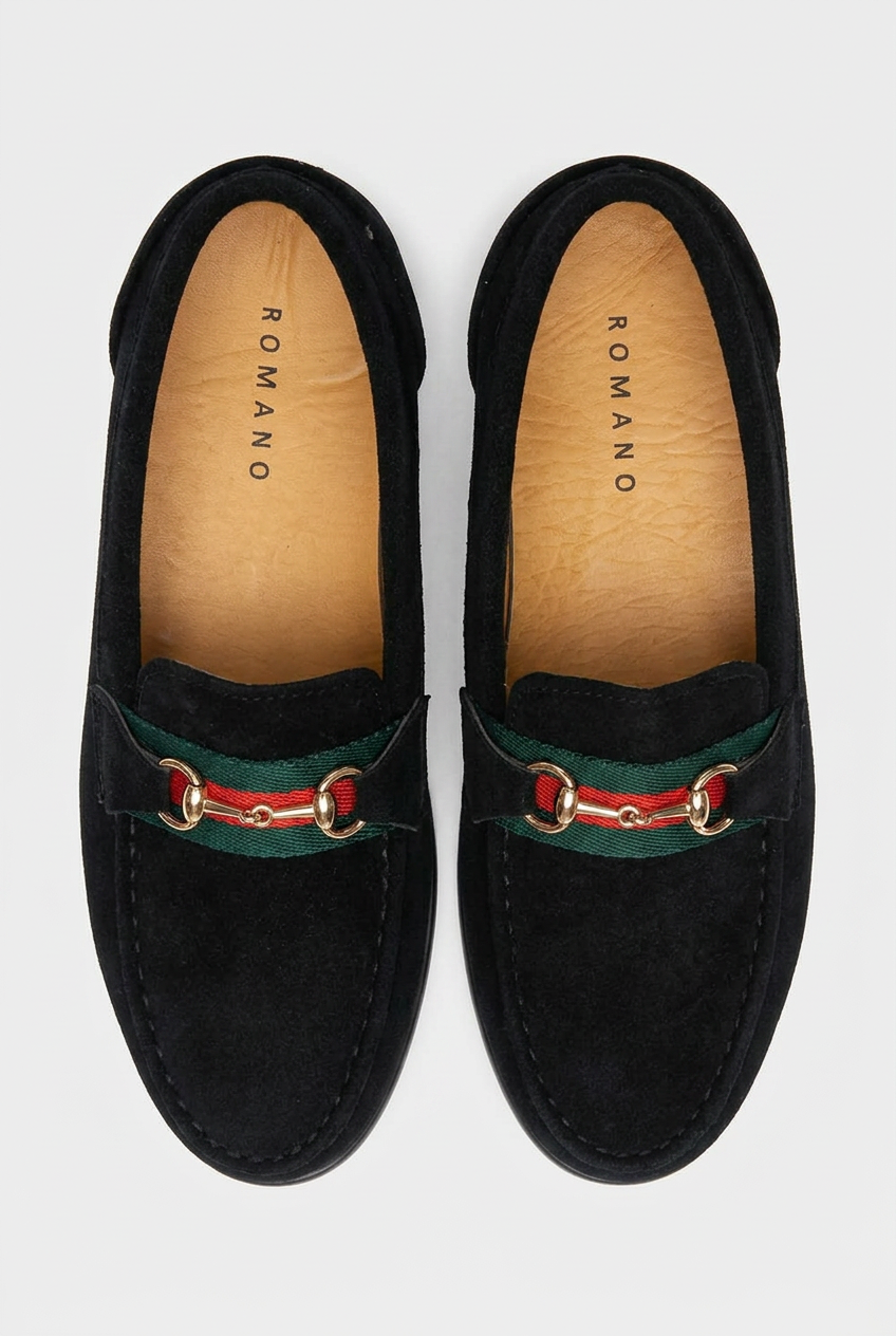 Boys Genuine Suede Gold Buckle Loafer Shoes - Black
