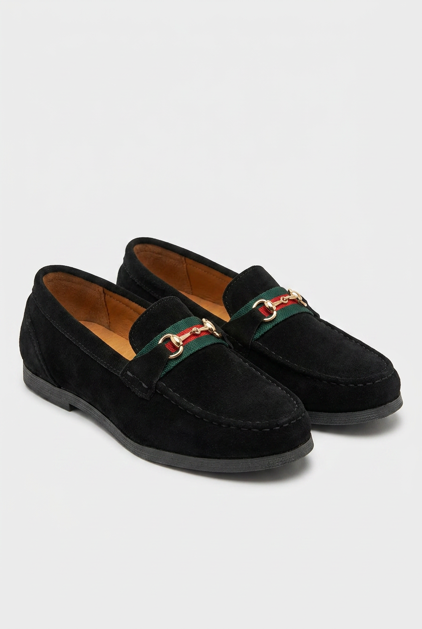 Boys Genuine Suede Gold Buckle Loafer Shoes - Black