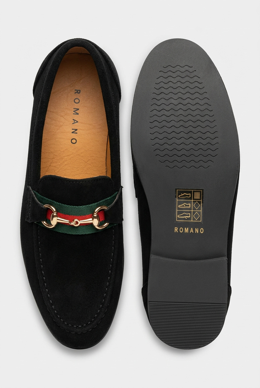 Boys Genuine Suede Gold Buckle Loafer Shoes - Black