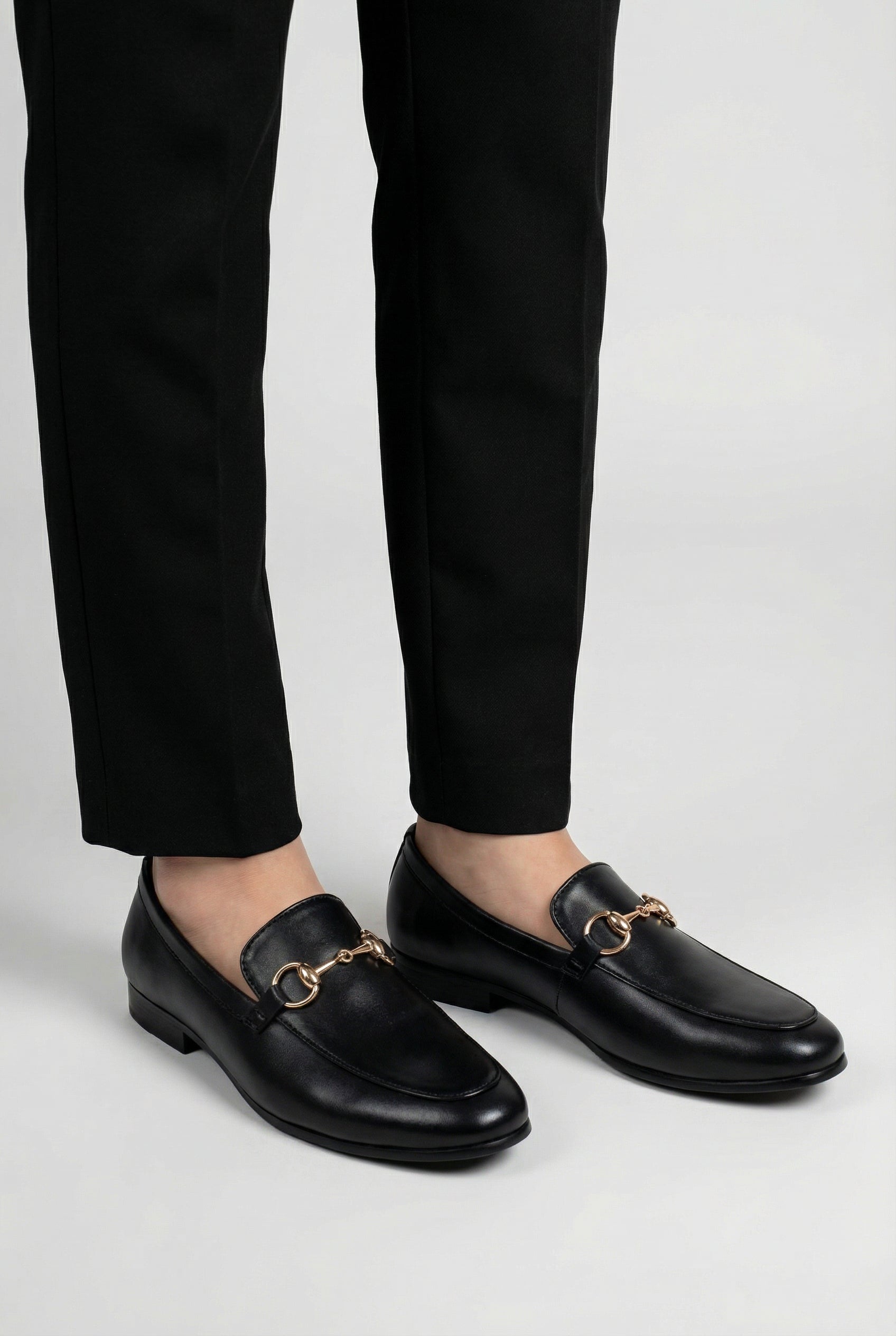 Boys Gold Horsebit Loafer Dress Shoes - Asher Black Model Picture