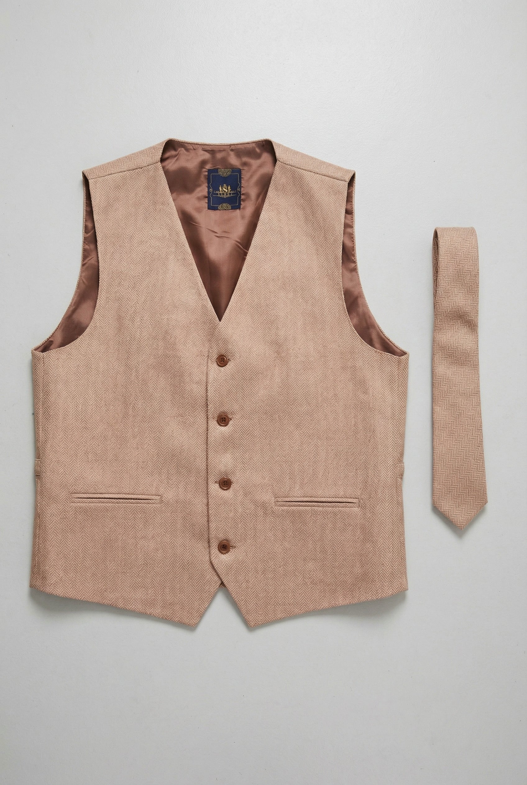 Boys Herringbone Waistcoat Set - Tan Brown