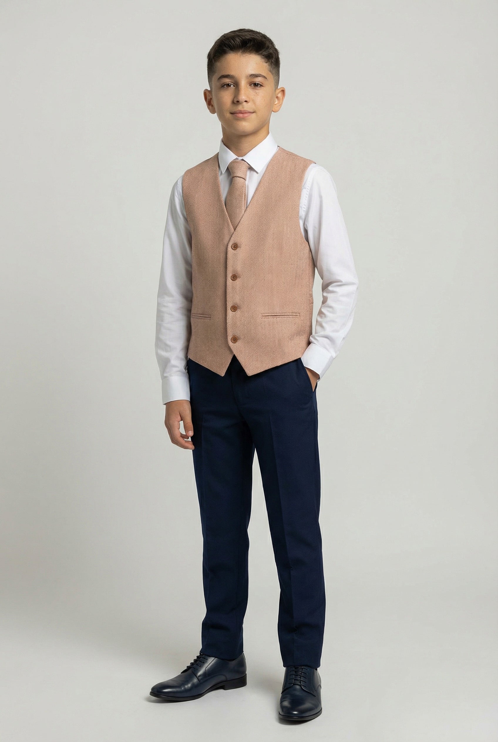 Boys Herringbone Waistcoat Set - Tan Brown