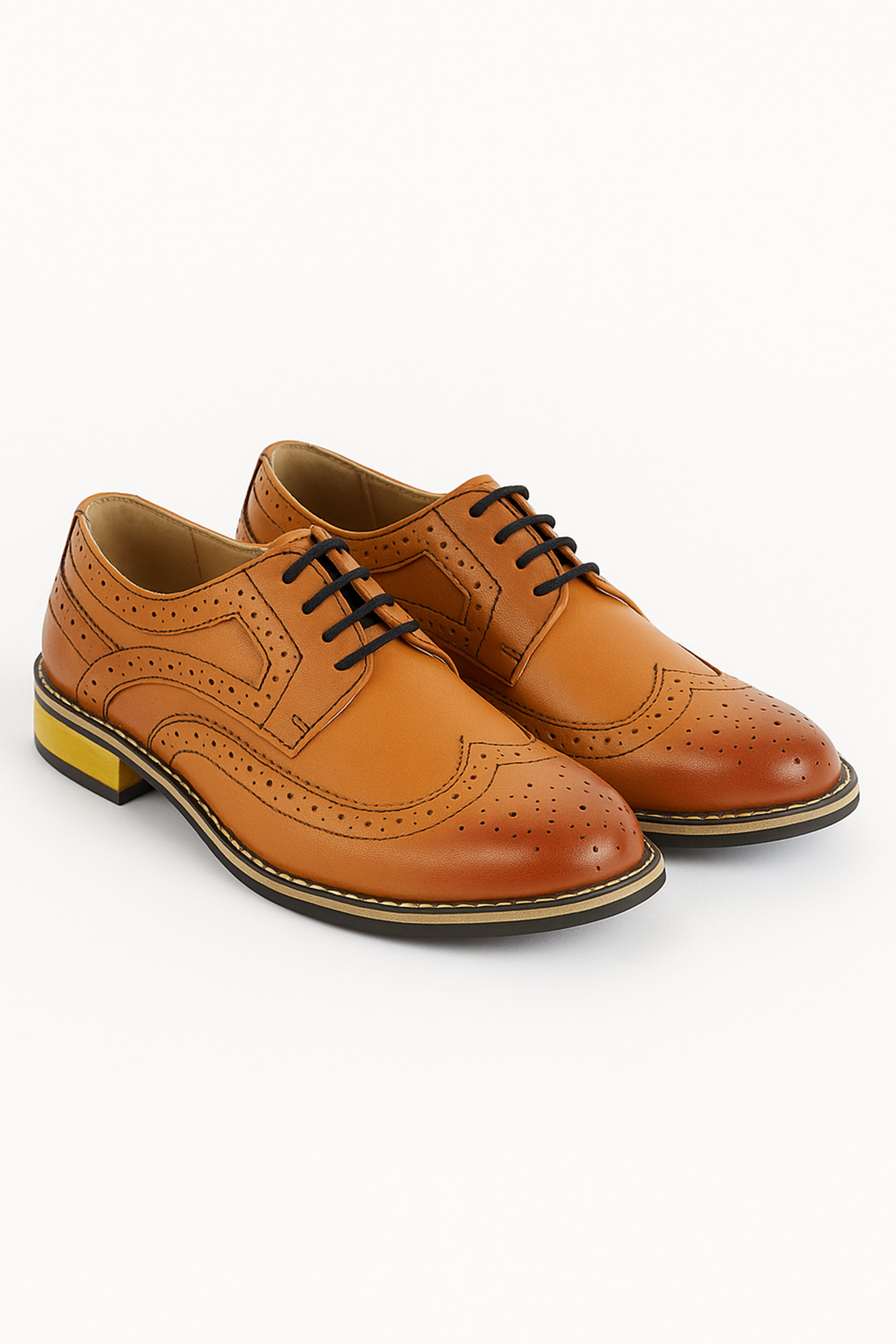 Boys Lace Up Leather Brogue Shoes - Tan Brown Pair Side Picture