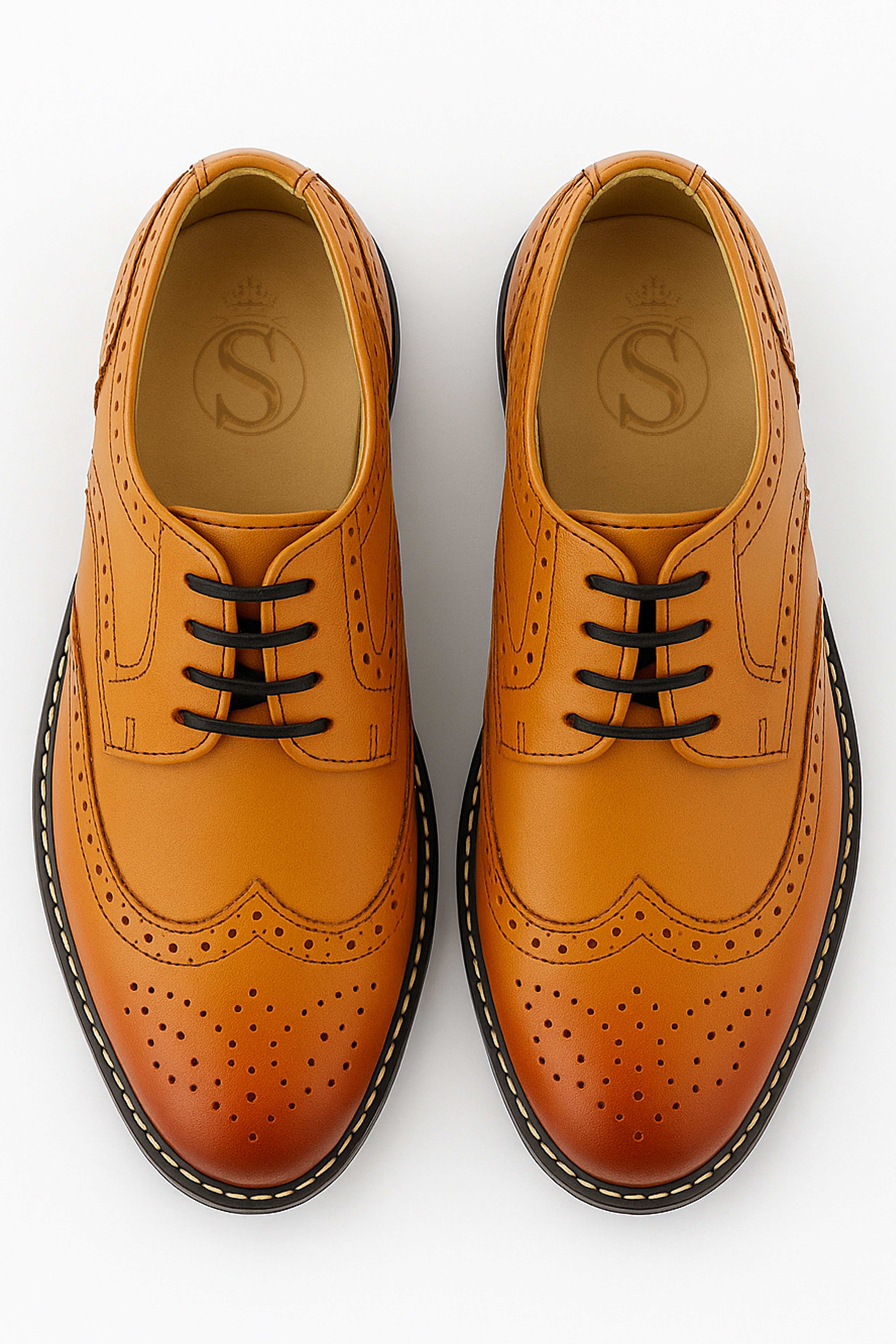 Boys Lace Up Leather Brogue Shoes - Tan Brown Front Picture