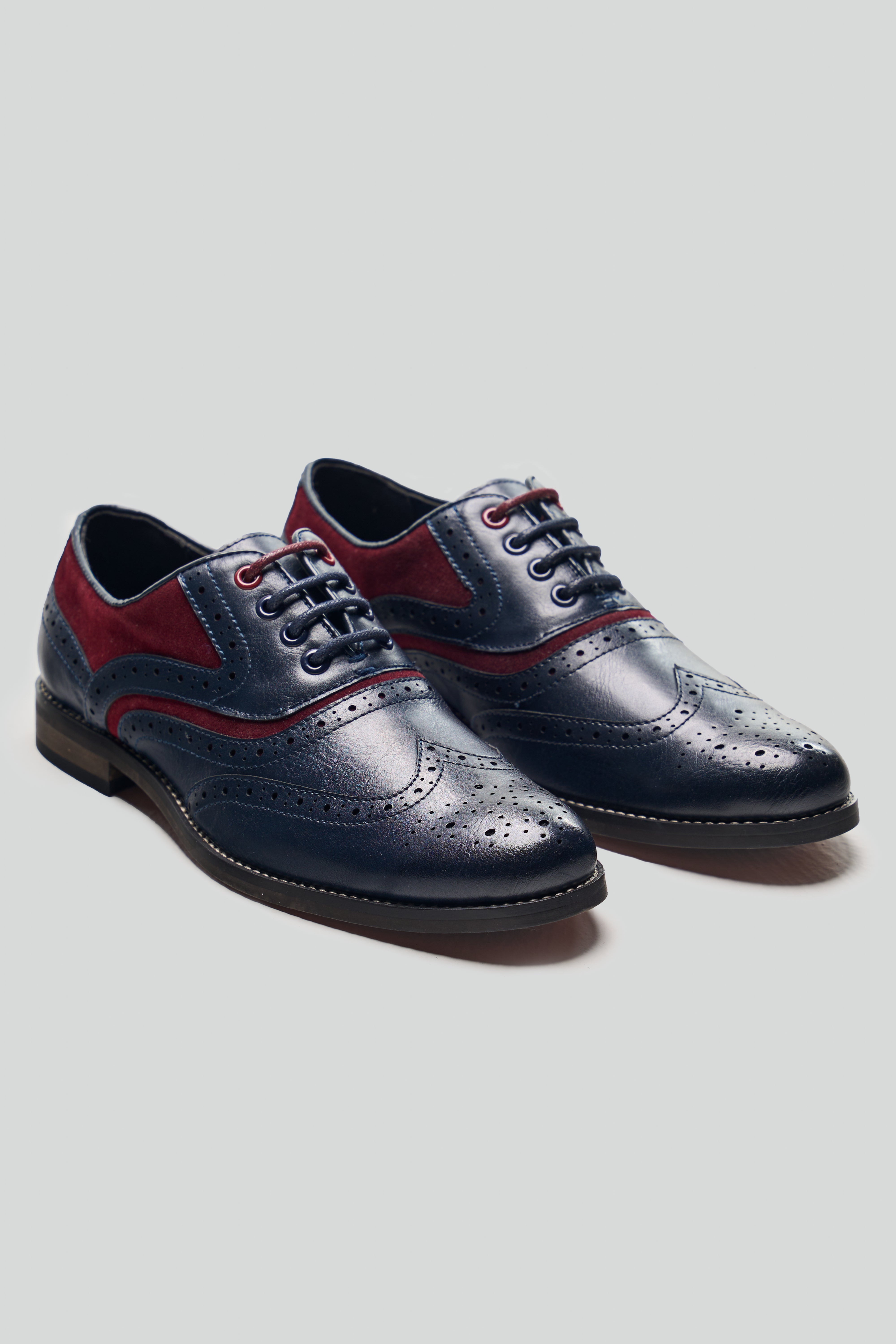 Boys Lace Up Oxford Brogue shoes - RUSSEL - Navy Blue - Red Pair Side Picture