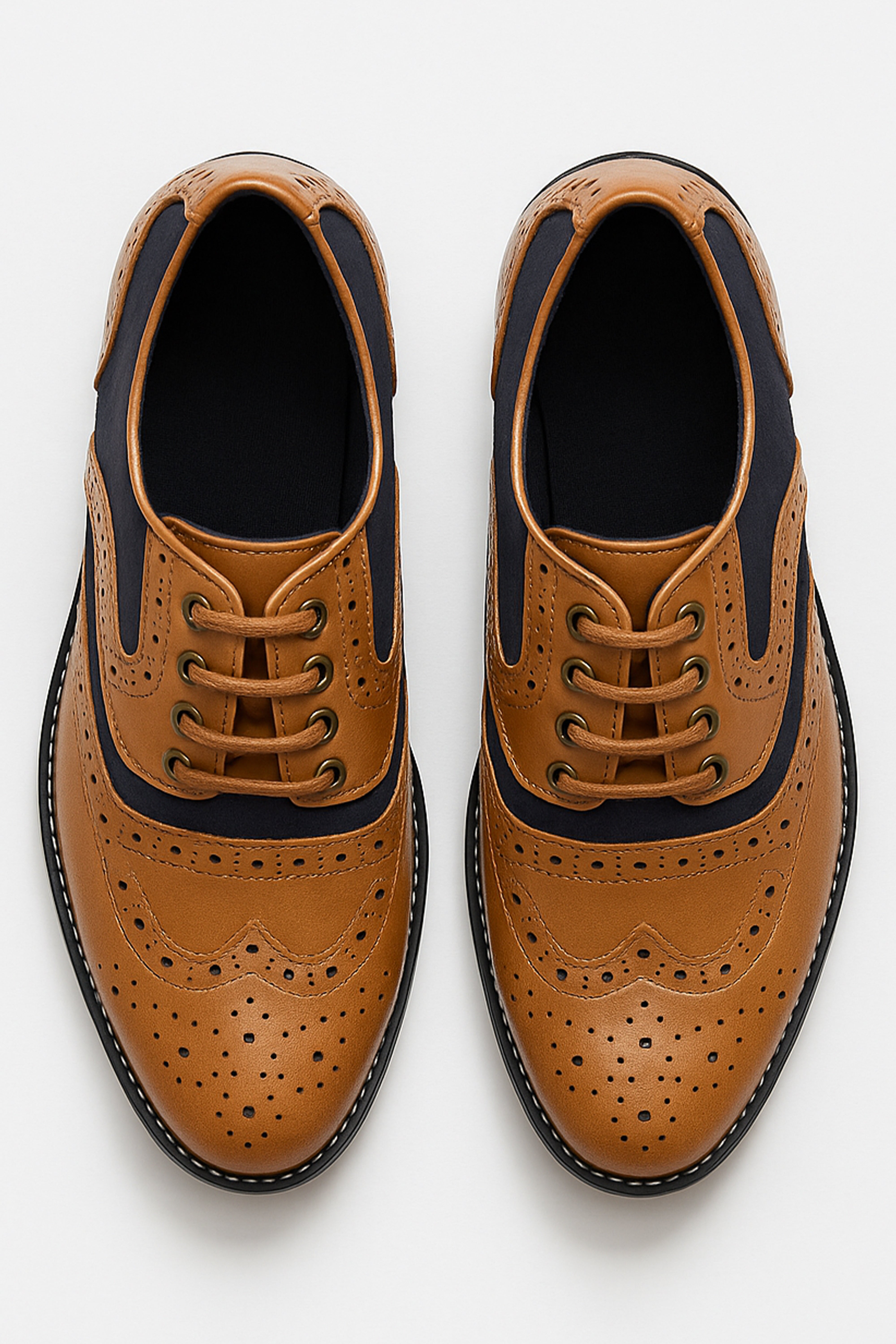 Boys Lace Up Oxford Brogue shoes - RUSSEL - Tan Brown - Navy Blue Front Picture