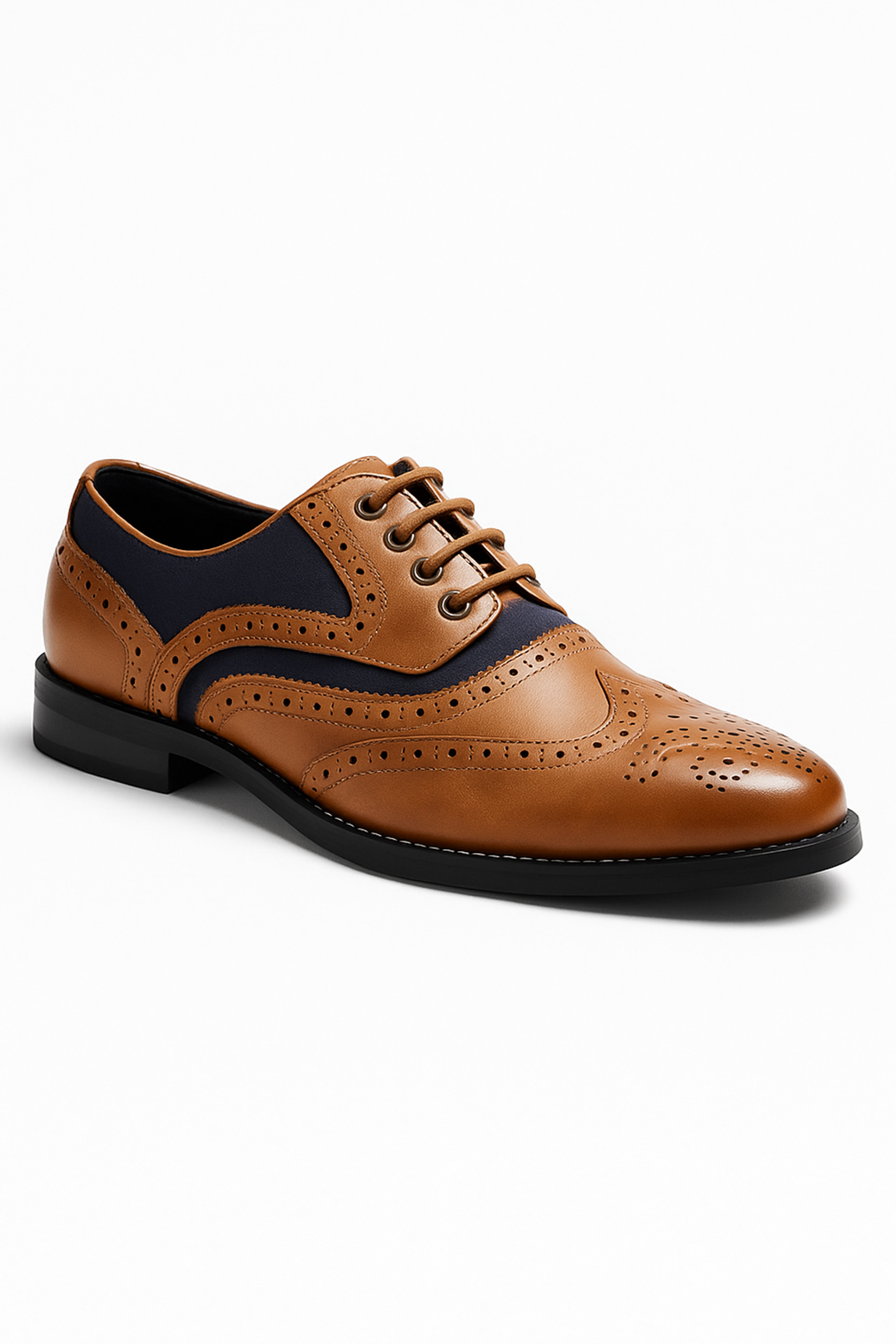 Boys Lace Up Oxford Brogue shoes - RUSSEL - Tan Brown - Navy Blue Side Picture