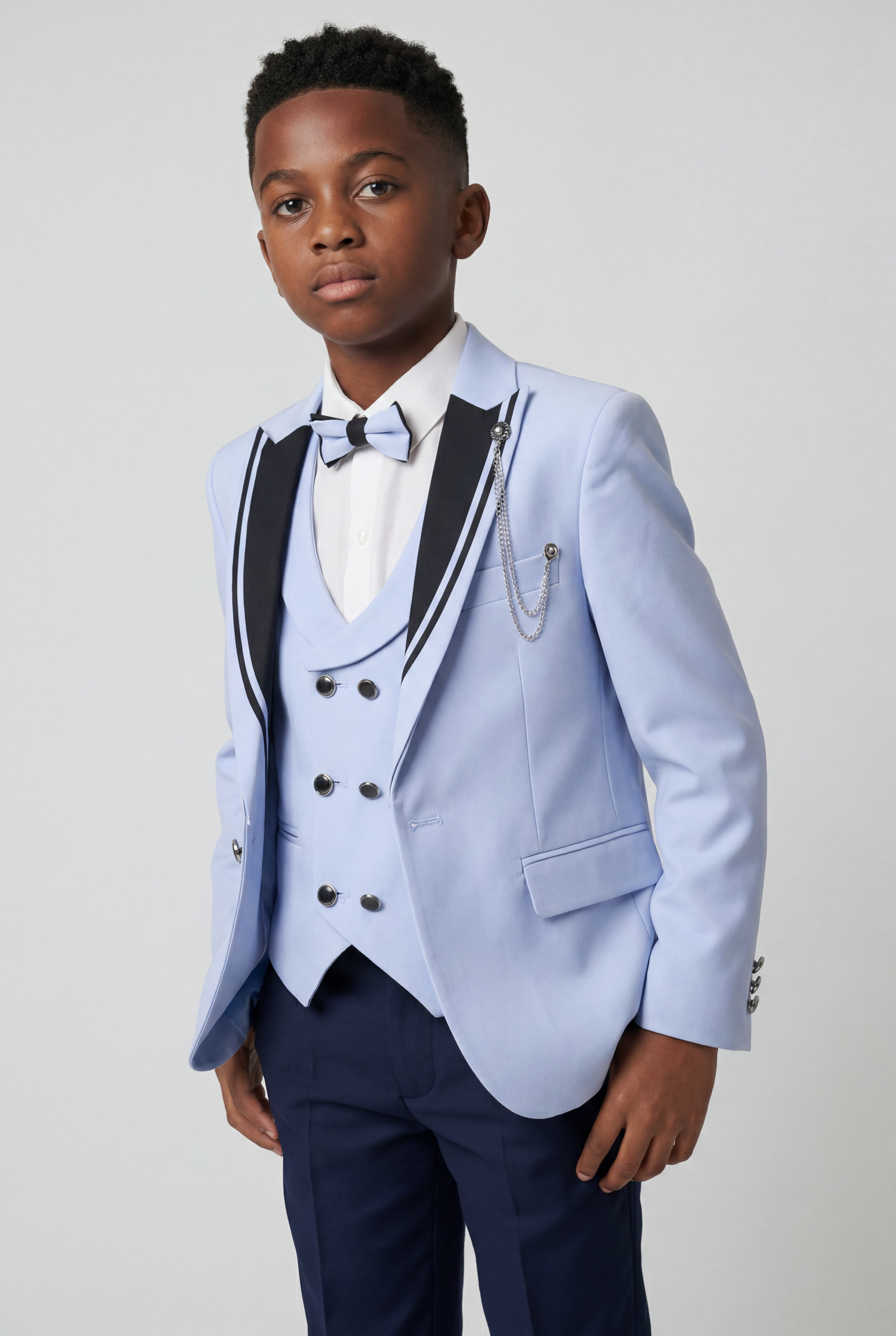 Boys Light Blue 6-Piece Tuxedo Suit Set with Black Contrast Lapels