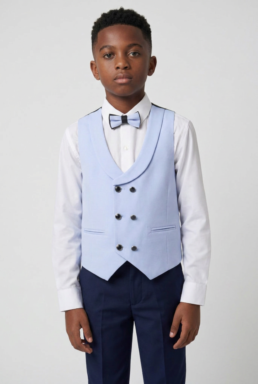 Boys Light Blue 6-Piece Tuxedo Suit Set with Black Contrast Lapels