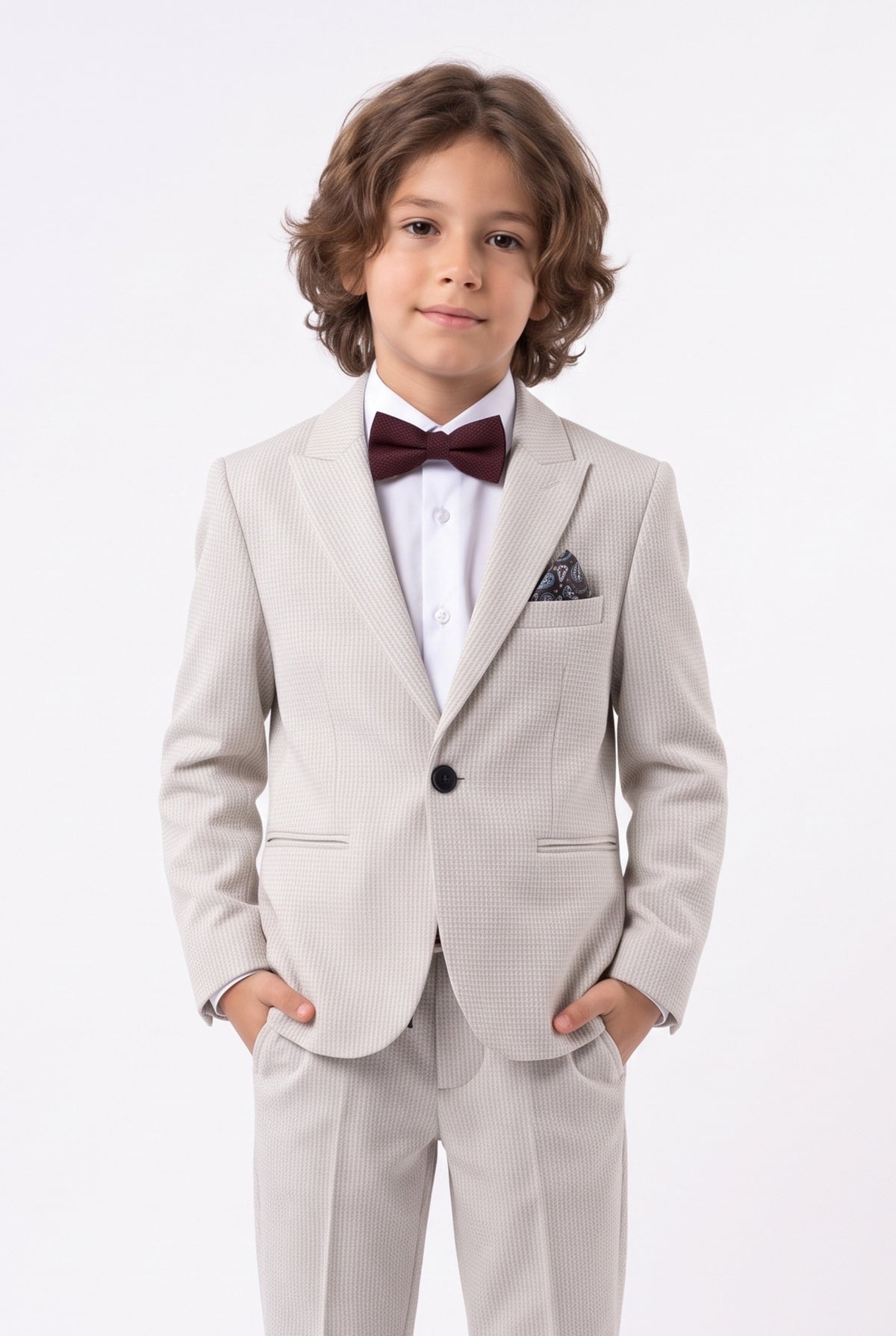 Boys Light Grey 2-Piece Mini Tweed Houndstooth Suit - ORME Model Picture