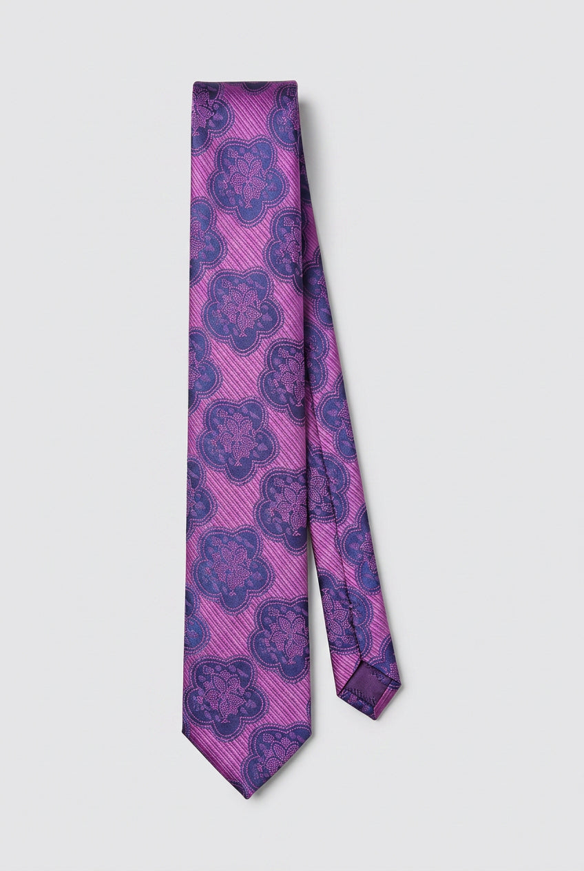 Boys Medallion Floral Jacquard Slim Tie - Purple & Navy