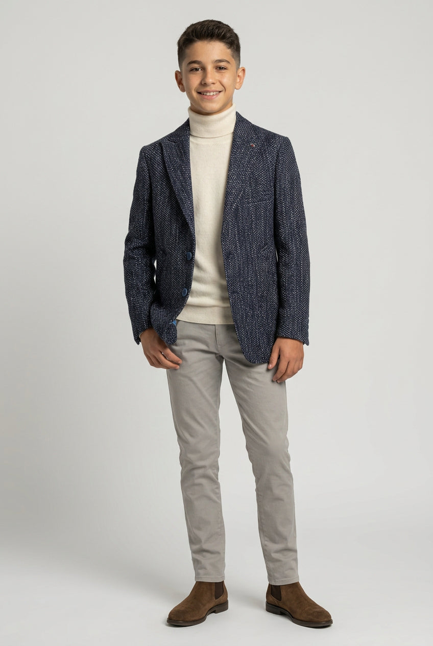 Boys Navy Grey Textured Tweed Blazer