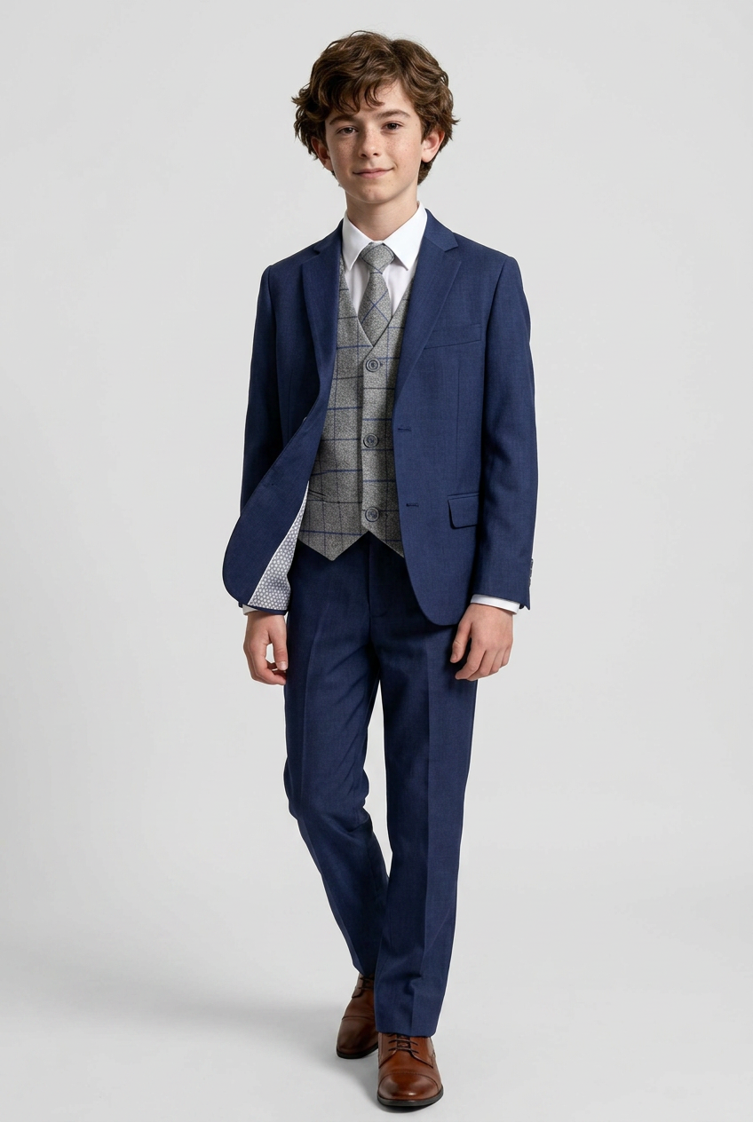Boys Navy Suit with Grey Checked Waistcoat and Tie
