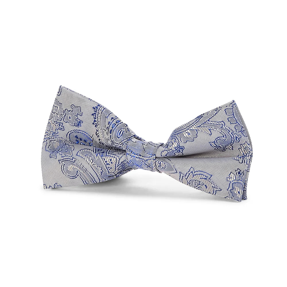 Boys Paisley Jacquard Pre-Tied Bow Tie with Adjustable Clip Neck Strap - Silver and Blue
