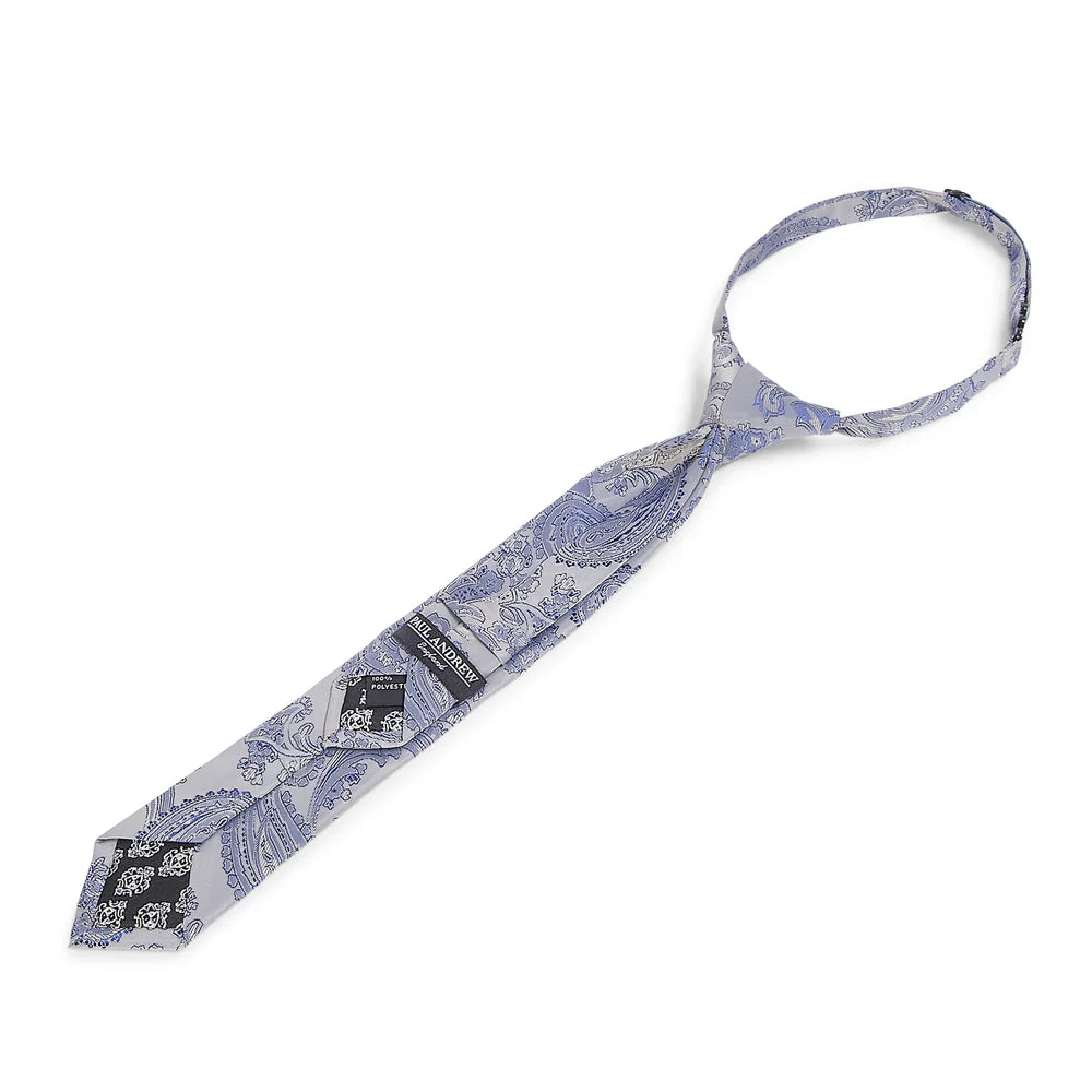 Boys Paisley Jacquard Pre-Tied Tie with Adjustable Clip Neck Strap - Silver and Blue