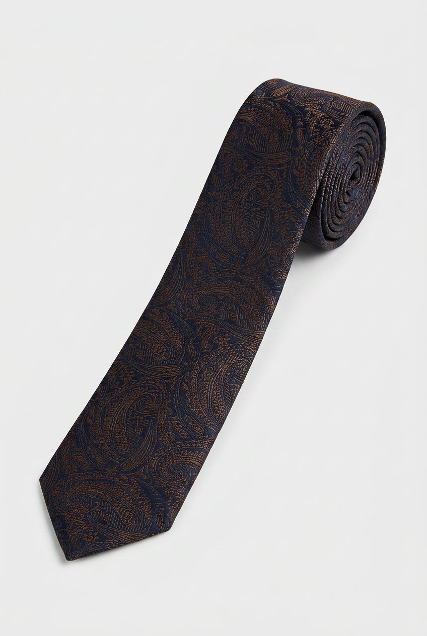 Boys Paisley Jacquard Slim Tie - Brown