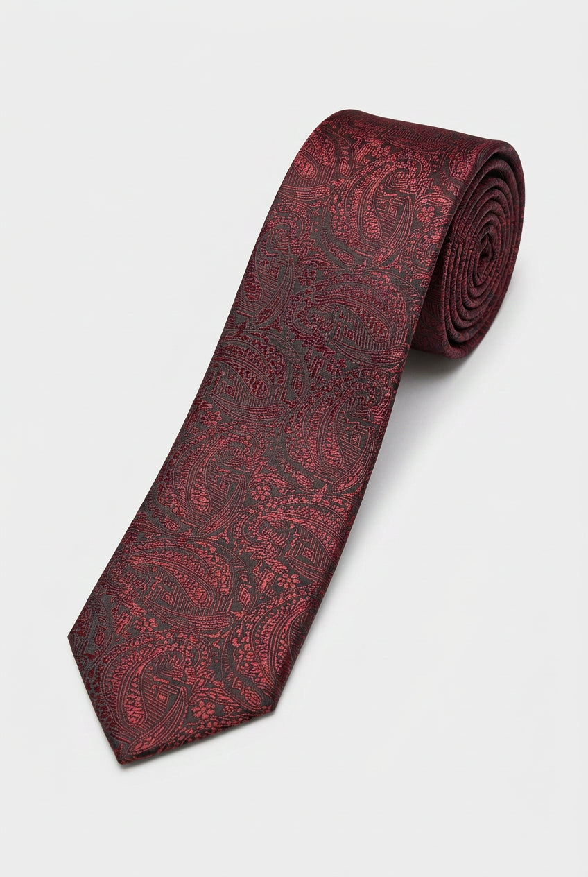 Boys Paisley Jacquard Slim Tie - Burgundy