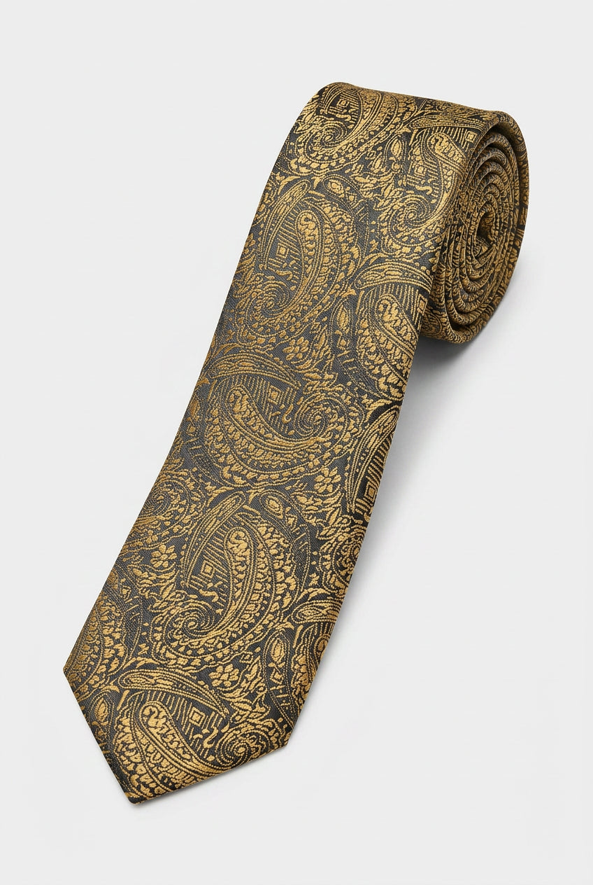 Boys Paisley Jacquard Slim Tie - Gold