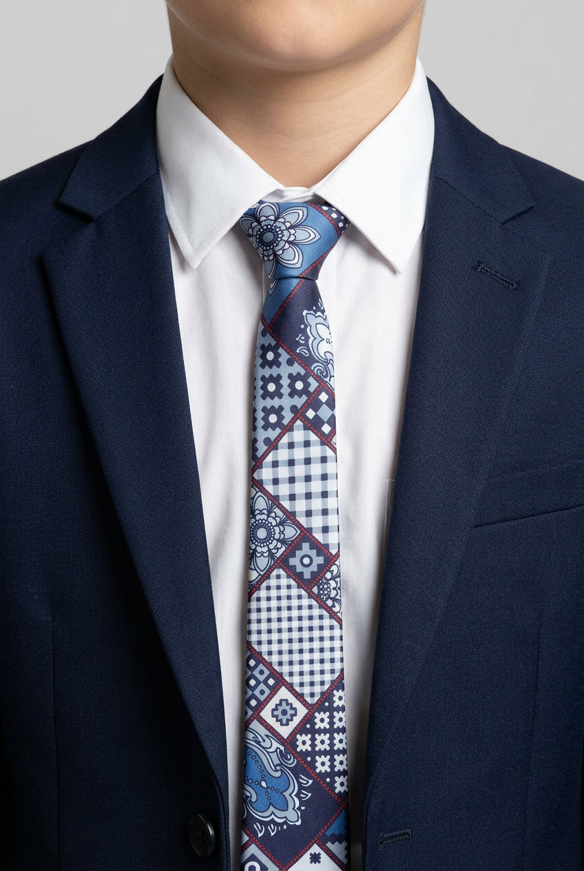 Boys Patch Work Jacquard Slim Tie - Navy Blue