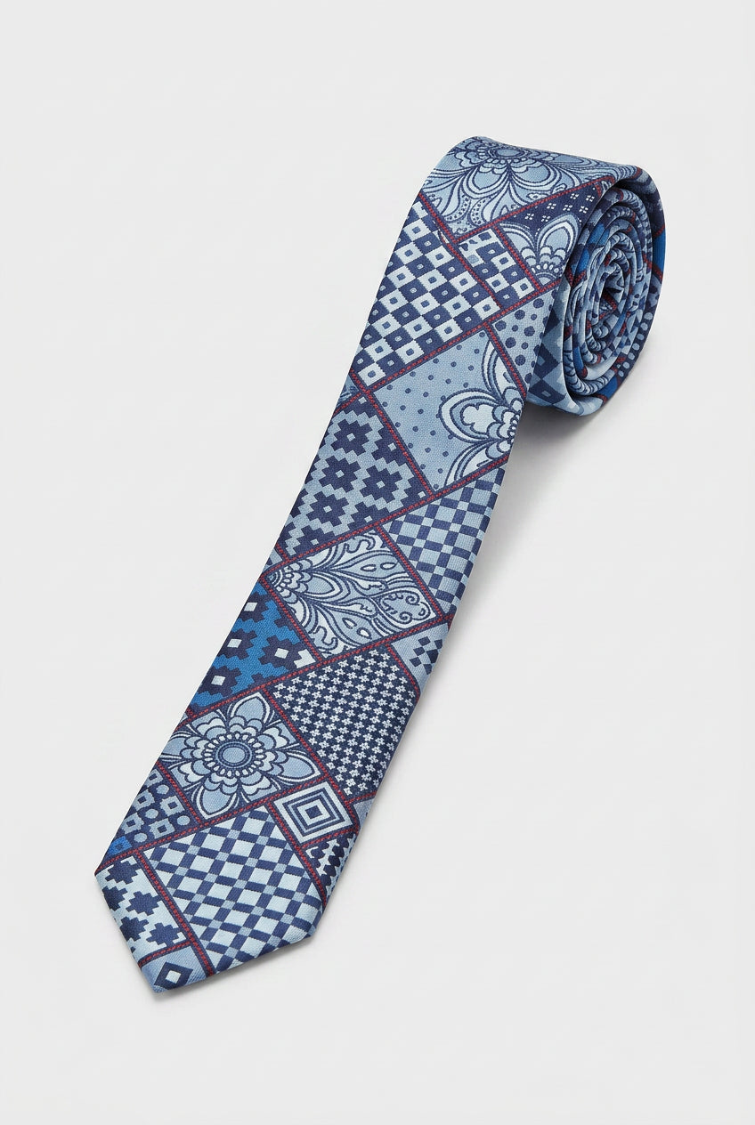 Boys Patch Work Jacquard Slim Tie - Navy Blue