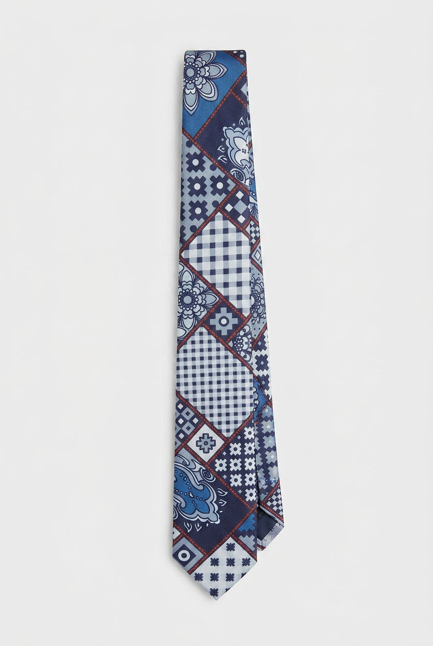 Boys Patch Work Jacquard Slim Tie - Navy Blue