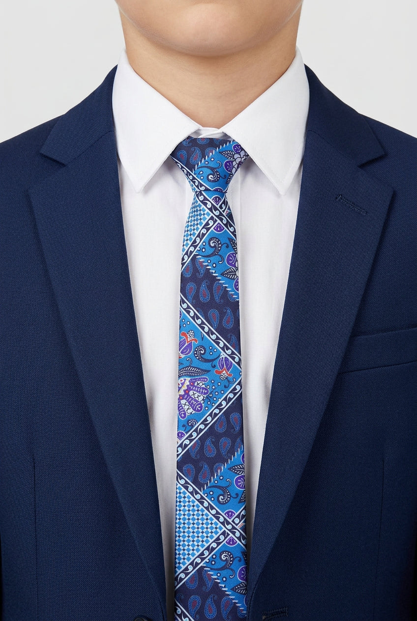 Boys Patch Work Jacquard Slim Tie - Royal Blue