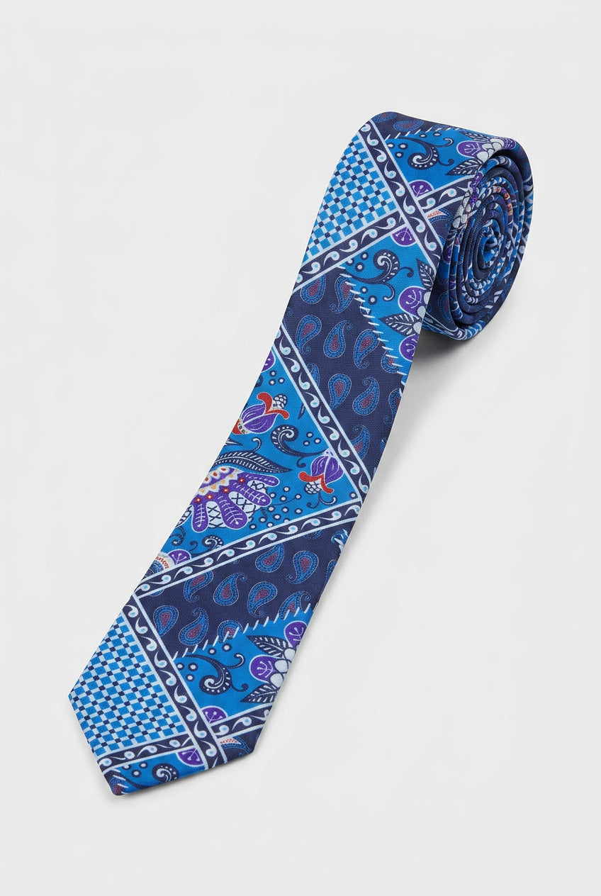 Boys Patch Work Jacquard Slim Tie - Royal Blue