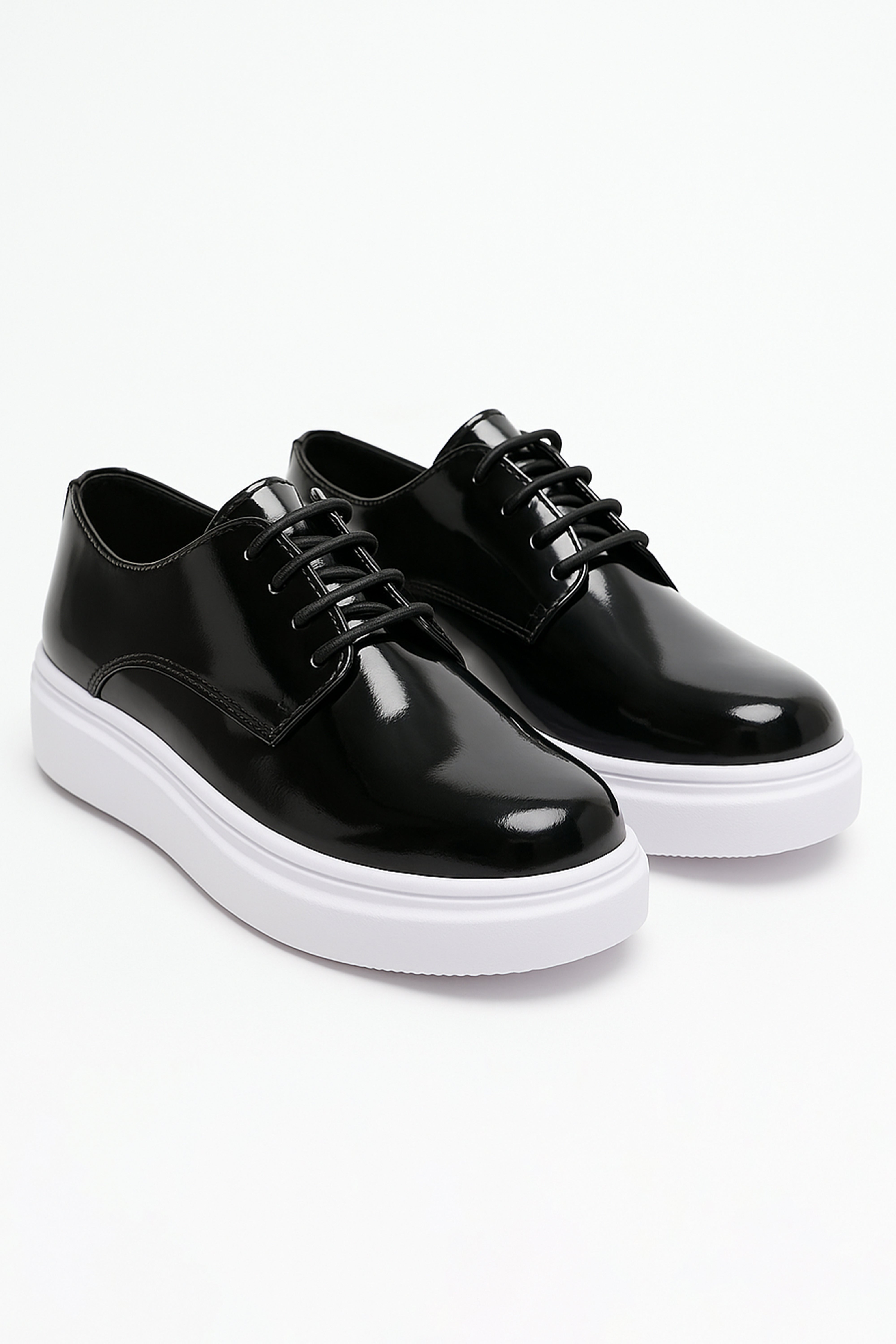 Boys Patent Black Lace-up Sneaker with White Thick Sole - Black Pair Side Picture