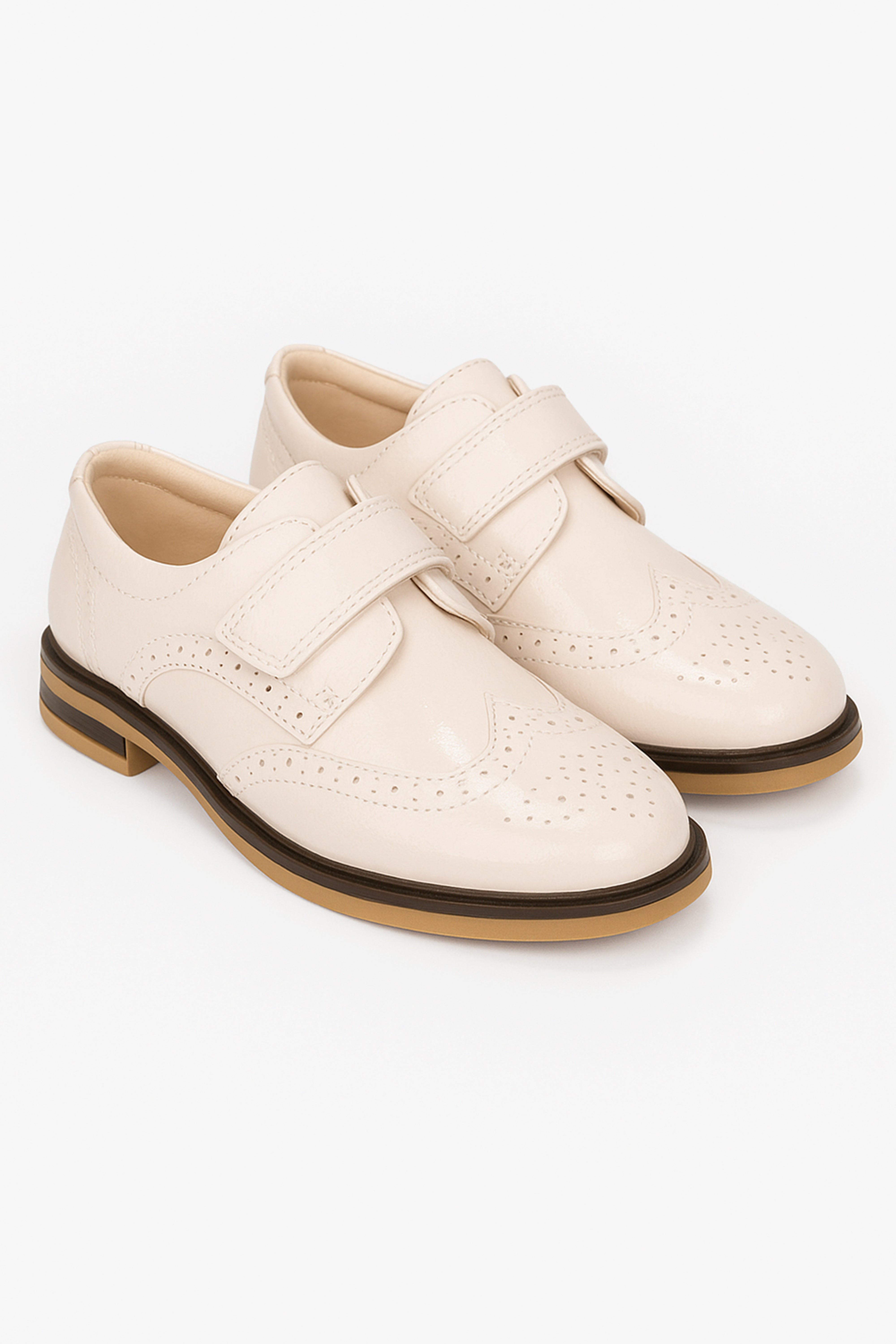Boys Patent Brogue Velcro Dress Shoes - Ivory-Cream Pair Side Picture