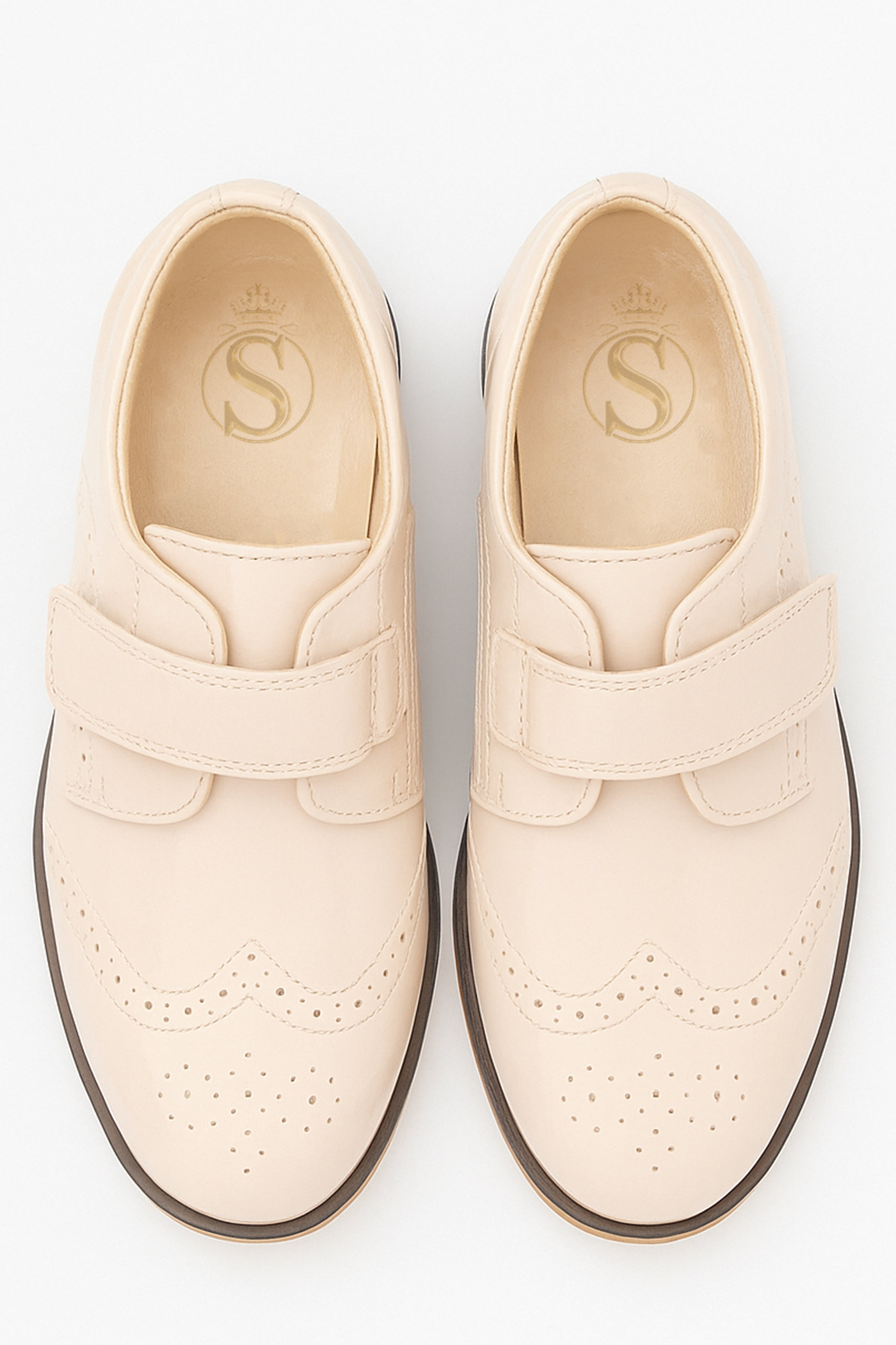 Boys Patent Brogue Velcro Dress Shoes - Ivory-Cream Front Picture